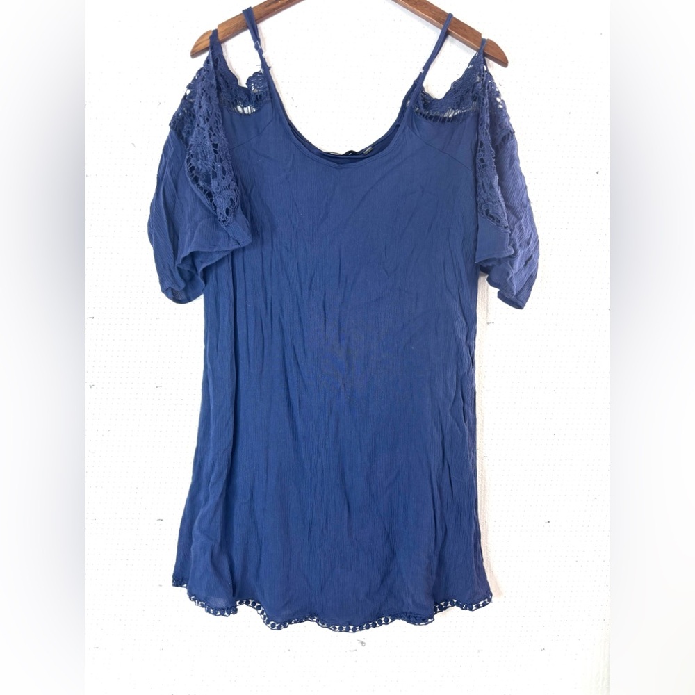 Mile Gabrielle S/M Crocheted Lace Accent Cold Shoulder Mini Dress in Deep Blue
